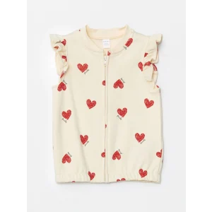 LCW Kids Ekru Bisiklet Yaka Baskılı Kız Çocuk Yelek