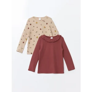 LCW Kids Ekru Bisiklet Yaka Çiçekli Kız Çocuk Tişört 2li