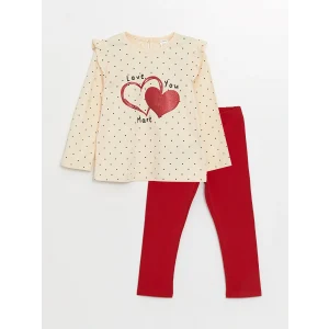 LCW Kids Ekru Bisiklet Yaka Baskılı Kız Çocuk Bluz ve Tayt 2li Takım