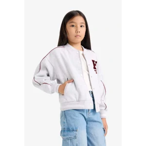 Defacto F3262A8GR400 Gri Kız Çocuk Kolej Yaka Sırt Baskılı Bomber Ceket