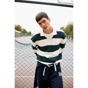 Defacto F0857AXGN536 Yeşil Boxy Fit Rahat Kesim Polo Yaka Düğmeli Çizgili Sweatshirt