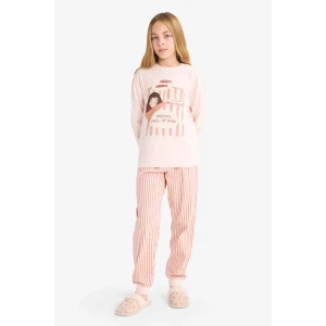 Defacto F6233A8PN70 Pembe Kız Çocuk Pijama Takımı Baskılı Uzun Kollu Üst Çizgili Uzun Alt