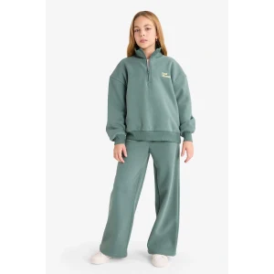 Defacto F8401A8GN758 Yeşil Kız Çocuk 2li Takım Baskılı Yarım Fermuarlı Sweatshirt Geniş Paça Eşofman Altı