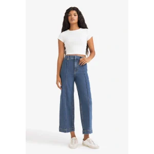 Defacto E9160AXNM28 Mavi Culotte Yüksek Bel Crop Fit Crop Jean Kar Yıkamalı Pantolon