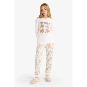 Defacto F6230A8BG759 Bej Kız Çocuk Pijama Takımı Baskılı Uzun Kollu Üst Uzun Alt