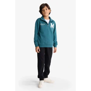 Defacto F7088A8GN756 Yeşil Erkek Çocuk 2li Takım Yarım Fermuarlı Baskılı Sweatshirt Eşofman Altı