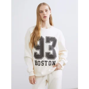 XSIDE Bej Boston Baskılı Oversize Kadın Kalın Sweatshirt