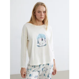 LCW DREAM Ekru Bisiklet Yaka Yılbaşı Temalı Kadın Pijama Takımı