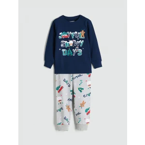 LCW Kids Lacivert Bisiklet Yaka Yılbaşı Temalı Erkek Çocuk Pijama Takımı