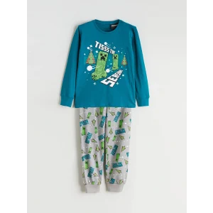LCW Kids Turkuaz Bisiklet Yaka Minecraft Baskılı Erkek Çocuk Pijama Takımı