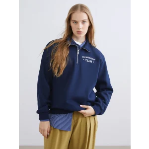 XSIDE Lacivert Dik Yaka Baskılı Oversize Kadın Kalın Sweatshirt