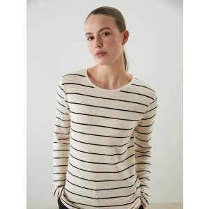 LCWAIKIKI Basic Ekru Bisiklet Yaka Çizgili Kadın Tişört