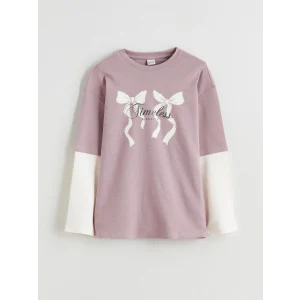 LCW Kids Lila Bisiklet Yaka Fiyonk Baskılı Kız Çocuk Tişört