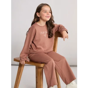 LCW Kids Kahverengi Bisiklet Yaka Kız Çocuk Sweatshirt ve Eşofman Altı