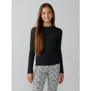 LCW Kids Siyah Fırfırlı Dik Yaka Kız Çocuk Tişört