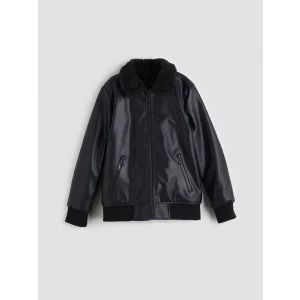 LCW Kids Siyah Kürk Yaka Deri Görünümlü Erkek Çocuk Mont