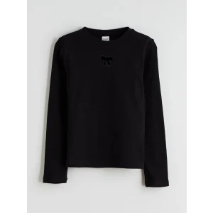 LCW Kids Siyah Bisiklet Yaka Fiyonk Detaylı Kız Çocuk Tişört