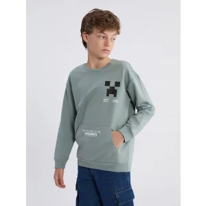 LCW Kids Yeşil Bisiklet Yaka Minecraft Baskılı Erkek Çocuk Sweatshirt