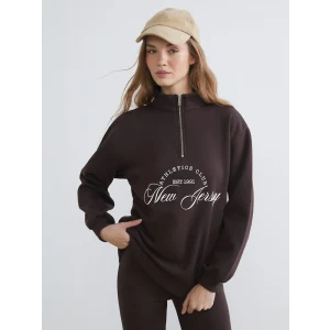 XSIDE Kahverengi New Jersey Baskılı Oversize Kadın Kalın Sweatshirt