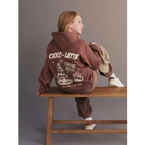 LCW Kids Kahverengi Kapüşonlu Sırt Baskılı Kız Çocuk Sweatshirt