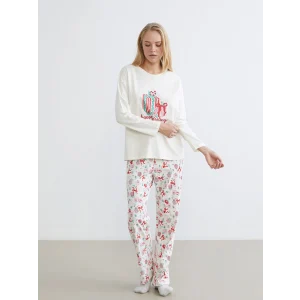 LCW DREAM Ekru Bisiklet Yaka Baskılı Kadın Pijama Takımı