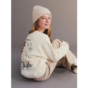 LCW Kids Ekru Sırt Baskılı Kız Çocuk Sweatshirt