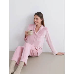 LCW DREAM Pembe Gömlek Yaka Kadife Kadın Pijama Takımı
