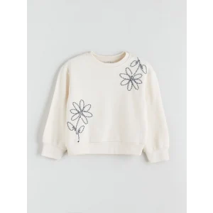 LCW Kids Ekru Bisiklet Yaka Çiçekli Kız Çocuk Sweatshirt