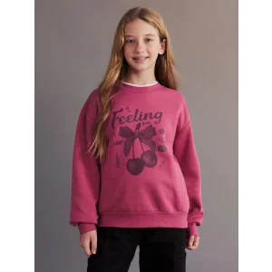 LCW Kids Pembe Bisiklet Yaka Kiraz Baskılı Kız Çocuk Sweatshirt