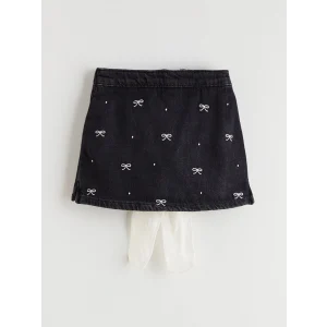 LCW Kids Siyah Fiyonk Nakışlı Kız Çocuk Şort Etek ve Külotlu Çorap