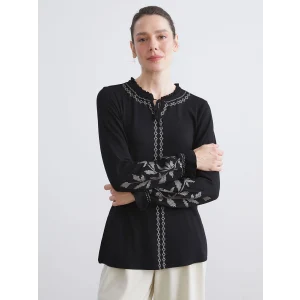 LCW Grace Siyah Fırfırlı Bağlamalı Yaka Desenli Bluz