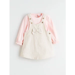 LCW baby Bej Fiyonk Detaylı Kadife Kız Bebek Salopet Elbise ve Tişört