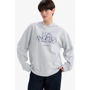 Defacto F7889AXGR93 Gri Relax Fit Kapüşonlu Baskılı Sweatshirt