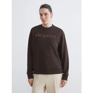 LCWAIKIKI Basic Kahverengi Bisiklet Yaka Taşlı Kadın Sweatshirt