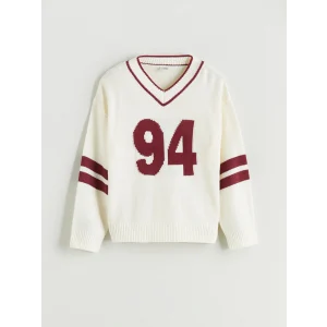 LCW Kids Ekru V Yaka Kız Çocuk Triko Kazak