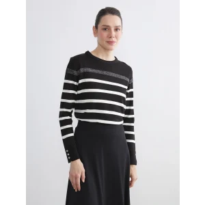 LCW Grace Siyah Bisiklet Yaka Çizgili Kadın Triko Kazak
