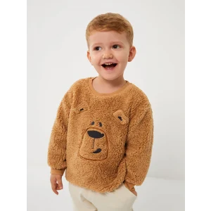 LCW baby Bej Bisiklet Yaka Uzun Kollu Nakış Detaylı Pelüş Erkek Bebek Sweatshirt