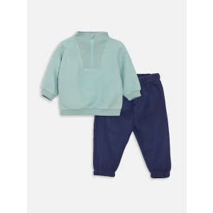 LCW baby Yeşil Bisiklet Yaka Uzun Kollu Baskılı Erkek Bebek Sweatshirt ve Pantolon 2li Takım