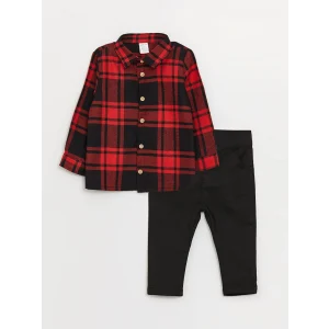 LCW baby Kırmızı Ekose Desenli Uzun Kollu Erkek Bebek Gömlek ve Pantolon 2li Takım