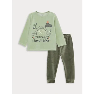 LCW baby Yeşil Bisiklet Yaka Uzun Kollu Baskılı Kadife Erkek Bebek Pijama Takımı