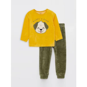 LCW baby Sarı Bisiklet Yaka Uzun Kollu Nakışlı Kadife Erkek Bebek Pijama Takımı