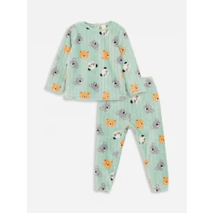 LCW baby Yeşil Bisiklet Yaka Uzun Kollu Desenli Erkek Bebek Pijama Takımı