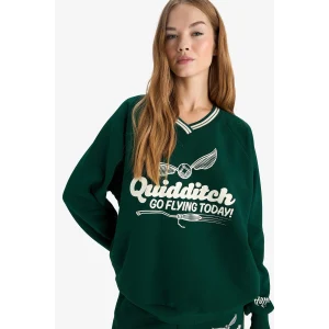 Defacto F9013AXGN516 Yeşil Coool Harry Potter Oversize Geniş Kalıp V Yaka Sweatshirt