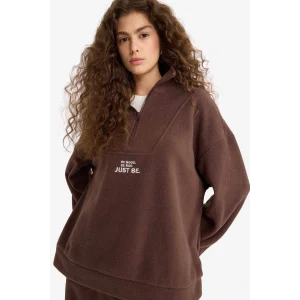 Defacto Y2649AZBN258 Kahve Oversize Geniş Kalıp Dik Yaka Fermuarlı Baskılı Polar Sweatshirt