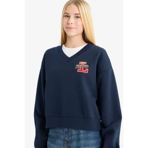 Defacto F9910AXNV241 Lacivert Coool Loose Fit V Yaka Baskılı Sweatshirt