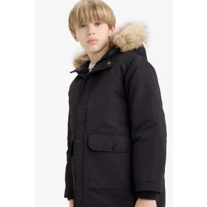 Defacto C8783A8BK27 Siyah Erkek Çocuk Parka Mont Çıkarılabilir Suni Kürk Yaka Kapüşonlu Pelüş Astar