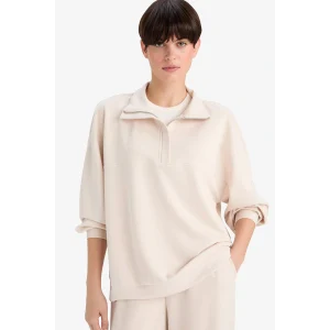 Defacto F0816AXBG722 Bej Relax Fit Yarım Balıkçı Yaka Modal Sweatshirt