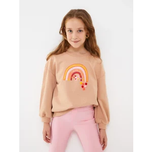 LCW Kids Bej Bisiklet Yaka Baskılı Uzun Kollu Kız Çocuk Sweatshirt