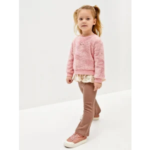 LCW baby Pembe Bisiklet Yaka Pelüş Kız Bebek Sweatshirt ve Tayt Pantolon 2li Takım