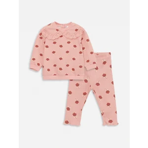 LCW baby Pembe Bebe Yaka Kız Bebek Sweatshirt ve Tayt 2li Takım